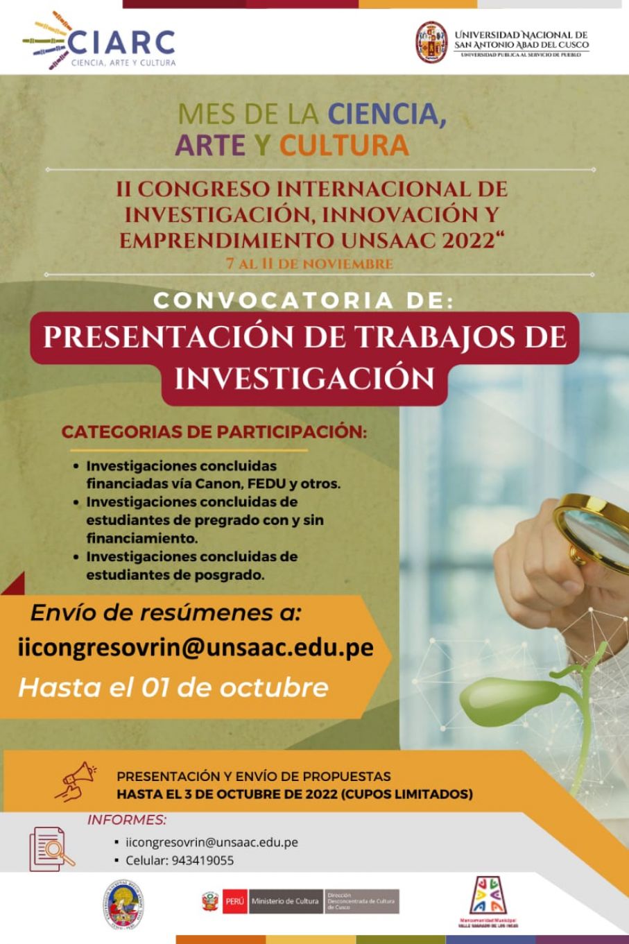 PRESENTACIÓN DE ARTÍCULOS CIENTÍFICOS MES DE LA CIENCIA, ARTE Y CULTURA - II CONGRESO INTERNACIONAL DE INVESTIGACIÓN, INNOVACIÓN Y EMPRENDIMIENTO UNSAAC 2022“