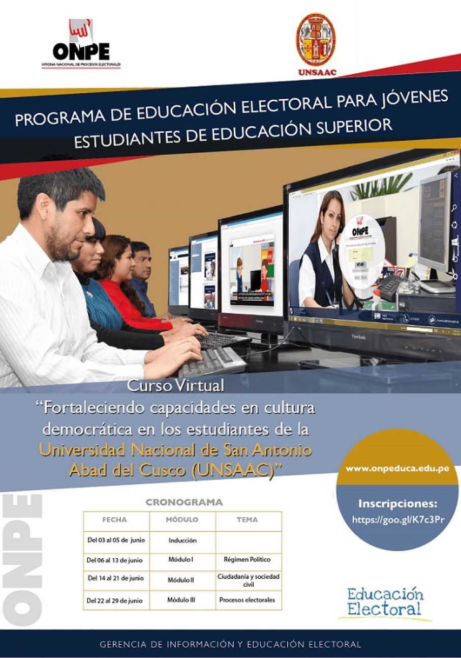 CURSO VIRTUAL &quot;FORTALECIENDO CAPACIDADES EN CULTURA DEMOCRÁTICA EN LOS ESTUDIANTES DE LA UNSAAC&quot;