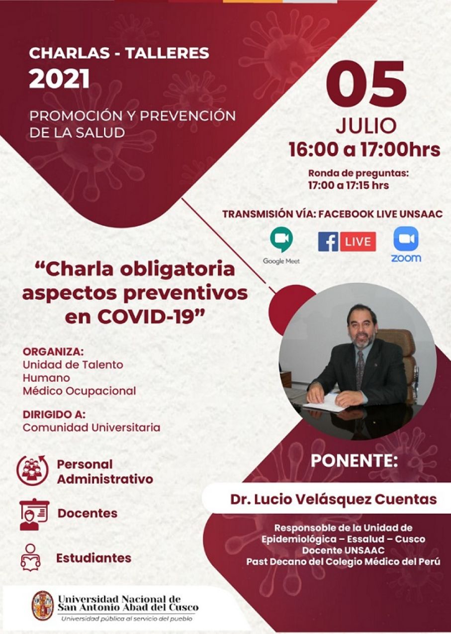 TALLERES Y CHARLAS DE SEGURIDAD Y SALUD, CHARLA OBLIGATORIA - ASPECTOS PREVENTIVOS EN COVID-19