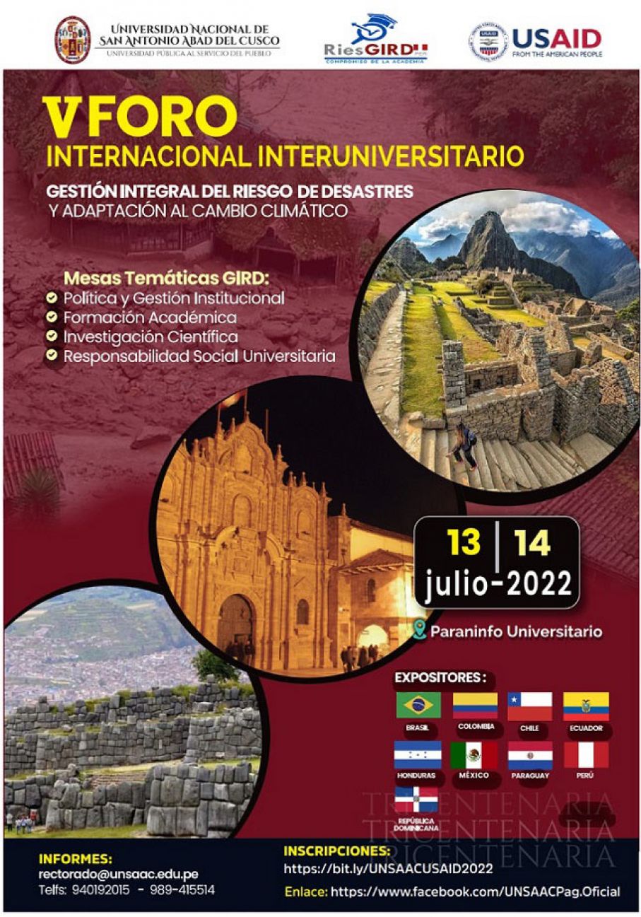 V FORO INTERNACIONAL INTERUNIVERSITARIO &quot;GESTIÓN INTEGRAL DEL RIESGO DE DESASTRES Y ADAPTACIÓN AL CAMBIO CLIMÁTICO