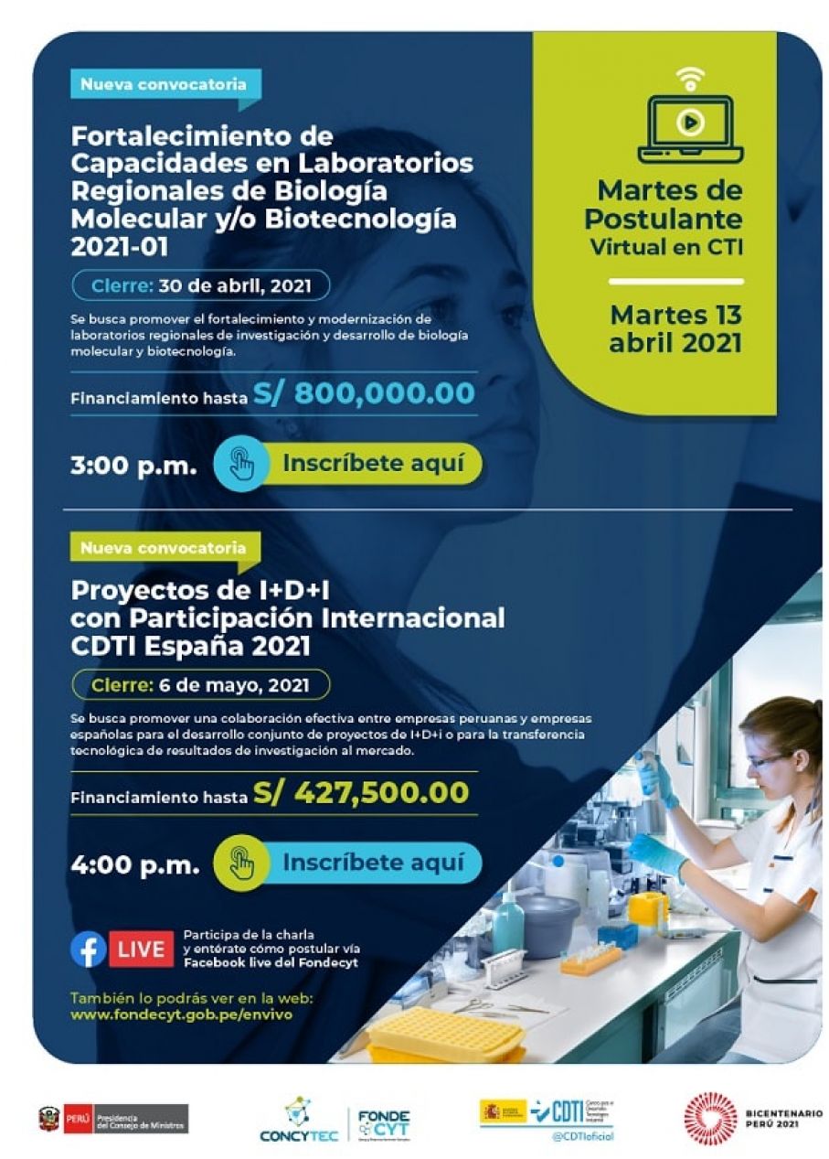 CONVOCATORIA: Fortalecimiento de Capacidades en Laboratorios Regionales de Biología Molecular y Biotecnología 2021 -01