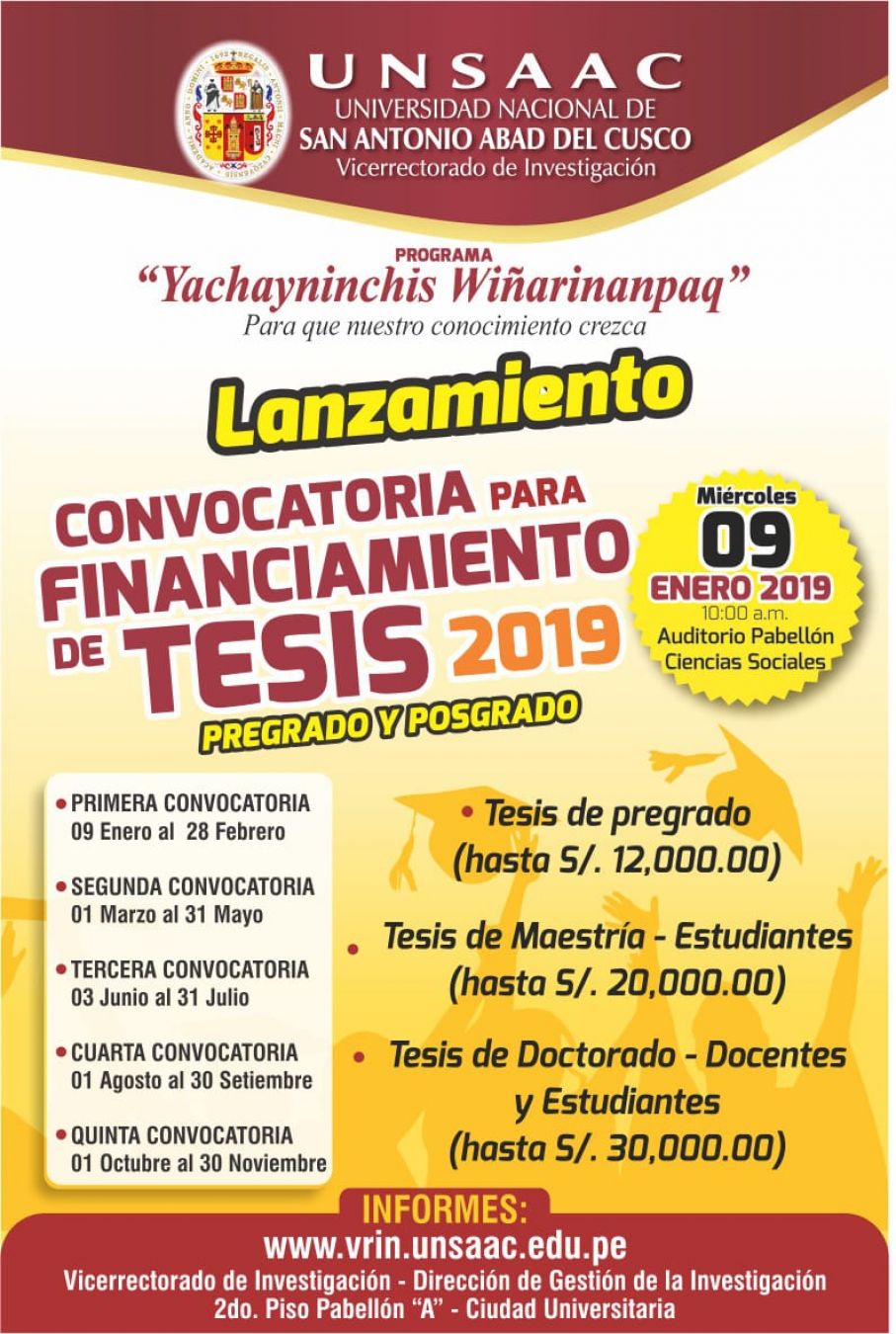 LANZAMIENTO: CONVOCATORIA PARA FINANCIAMIENTO DE TESIS 2019